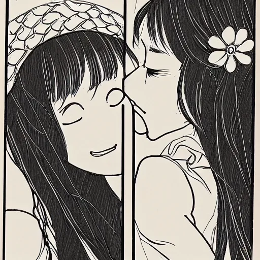 Image similar to portrait of two girls kissing, detailed manga art