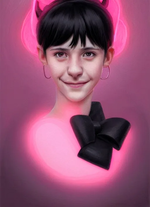 Image similar to portrait of teenage girl, realistic, black hair, bangs, half updo hairstyle, pointy nose, skinny, smile, ugly, defined jawline, big chin, pink hair bow, earrings, intricate, elegant, glowing lights, highly detailed, digital painting, artstation, sharp focus, illustration, art by wlop, mars ravelo and greg rutkowski