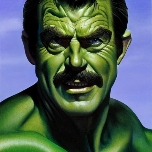 Image similar to ultra realistic head and shoulders portrait painting of tom selleck as green goblin, art by frank frazetta, 4 k, ultra realistic, highly detailed, epic lighting