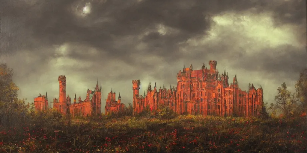 Prompt: a beautiful and gothic castle in the distance. Red sky. Dark ambient. Gothicpunk. Detailed oil on canvas. Art in style of Frances Ann Hopkins. High definition