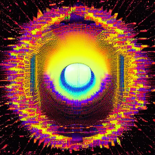 Image similar to a glitch in a cosmic metaverse, path leading to dilated pupil eye, consciousness rising, glitch art, pixelart, mystic art