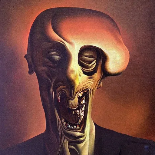 Image similar to Oil painting with black background by Christian Rex Van Minnen Robert Williams Salvador Dali of a portrait of an extremely bizarre disturbing mutated man with intense chiaroscuro lighting perfect composition