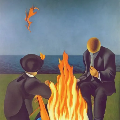 Prompt: insane dances around the campfire, oil painting rene magritte