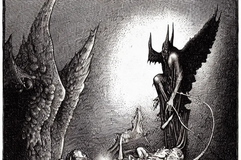 Prompt: fallen angel begs to enter the gates of hell by les edwards and moebius and hieronymus bosch