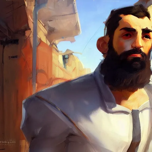 Image similar to greg manchess portrait painting of a young ducktail bearded middle eastern american male as overwatch character, medium shot, asymmetrical, profile picture, organic painting, sunny day, matte painting, bold shapes, hard edges, street art, trending on artstation, by huang guangjian and gil elvgren and sachin teng