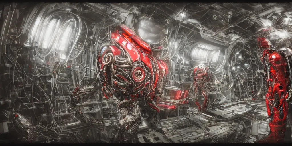 Image similar to cyborg in the data center, wired to the equipmen, red biomechanical details, wearing epic bionic cyborg implants, inflateble shapes, masterpiece, intricate, biopunk, highly detailed, artstation, concept art, cottage core, cinematic focus, polaroid photo, bleached, vintage, high - key lighting, soft lights, foggy, by tarkovsky, 8 k