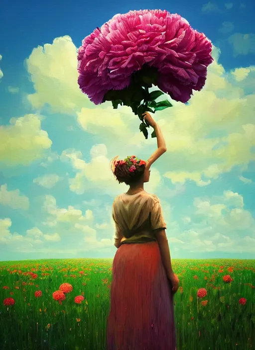 Image similar to woman with a giant carnation head, flower field, surreal photography, sunset dramatic light, impressionist painting, colorful clouds, blue sky, digital painting, artstation, simon stalenhag
