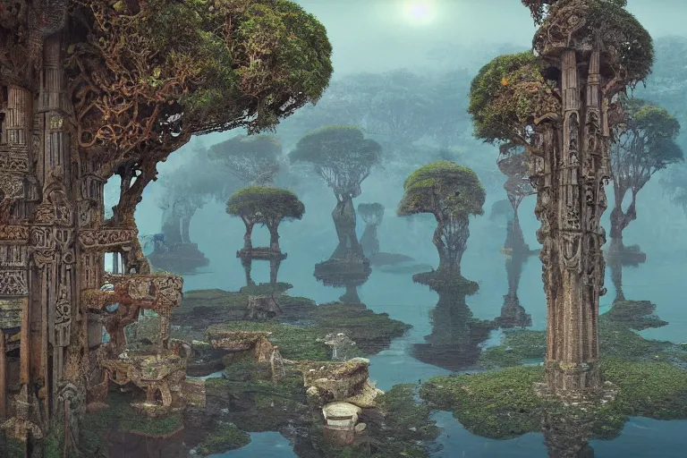 Image similar to photography of a beautiful archipelago of never seen before stunning ancient indian temple and palaces. complex intricate pilars patern, runes. trees water and flowers. afternoon light, inspiring science fiction, intricate, elegant, uplifting, inspirational, unreal engine 5, highly detailed by beksinski