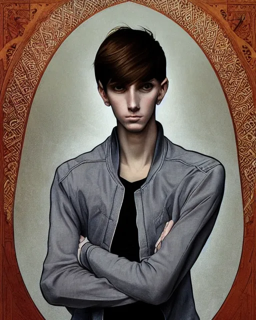Image similar to portrait of 1 5 - year - old boy, a tall, slender boy with a pale, pointed face, sleek blond hair, and ice grey eyes, wearing black clothes, hyper realistic face, beautiful eyes, close up, fantasy art, in the style of greg rutkowski, intricate, alphonse mucha, hyper detailed, smooth