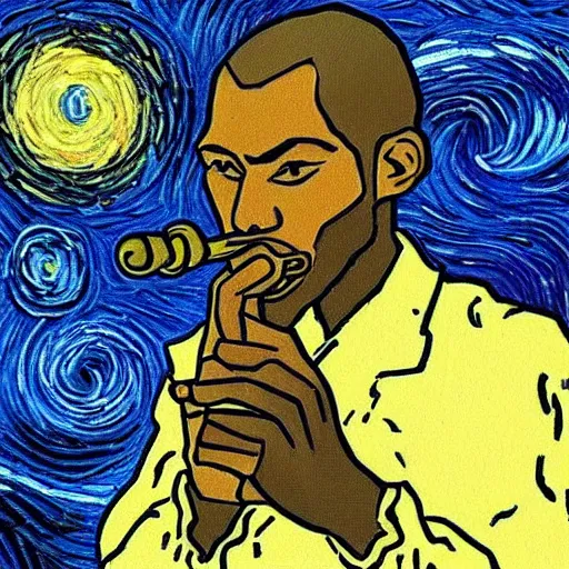 Prompt: “A black male that looks like Van Gogh smoking a blunt with a background of starry night”