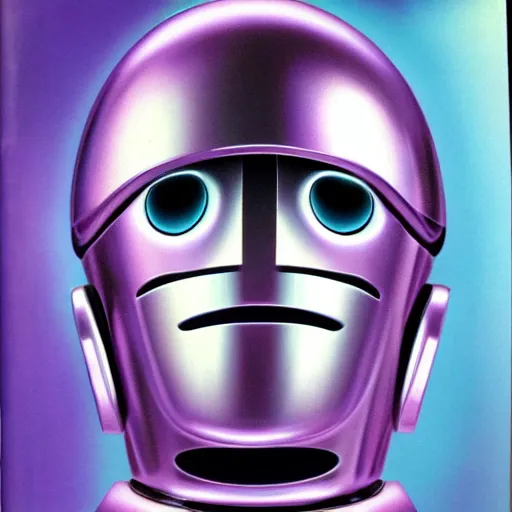 Image similar to airbrush illustration for omni magazine of a chrome robot head, silver and purple colors, illustration, airbrush, magazine cover, vivid, retro, grainy, masterpiece