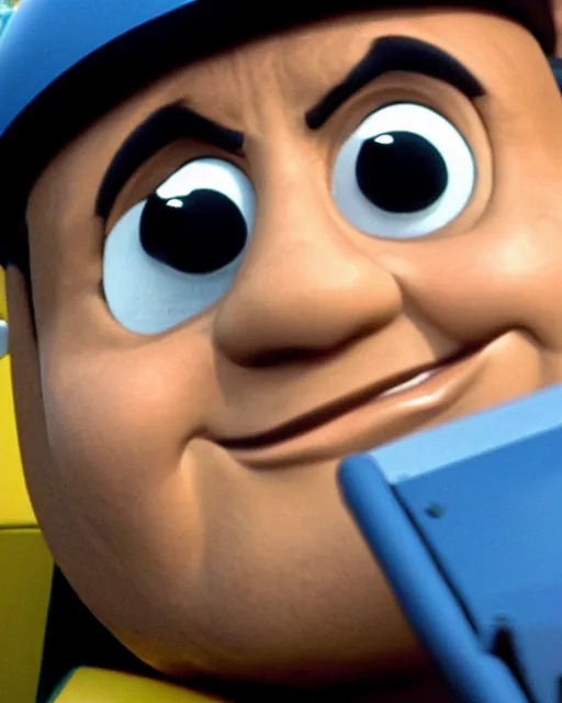 Prompt: Film still close-up shot of Dwayne Johnson as the Thomas the Tank Engine. Photographic, photography