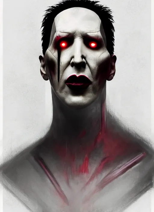 Image similar to marilyn manson as victor stone, full body concept, cyborg, borg, strogg, face of a man, terminator, flesh, quake strogg, doom demon, wolfenstein, monstrous, powerful, symmetry, symmetrical, concept art by ruan jia and greg rutkowski