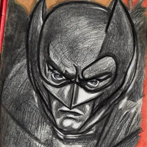 Image similar to batman drawn in ancient notebook, detailed information, sketch style, leonardo davinci,