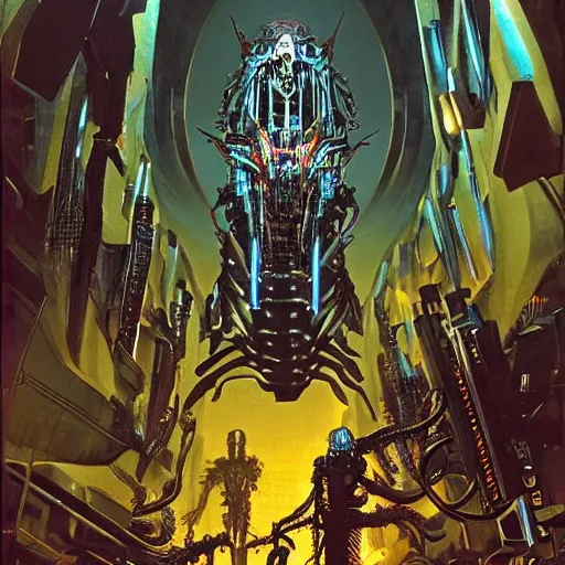 Image similar to a epic boss made by metal, cyberpunk style, super complex and instruct, epic stunning atmosphere, hi - tech synthetic rna bioweapon nanotech demonic monster horror by syd mead, michael whelan, jean leon gerome, junji ito