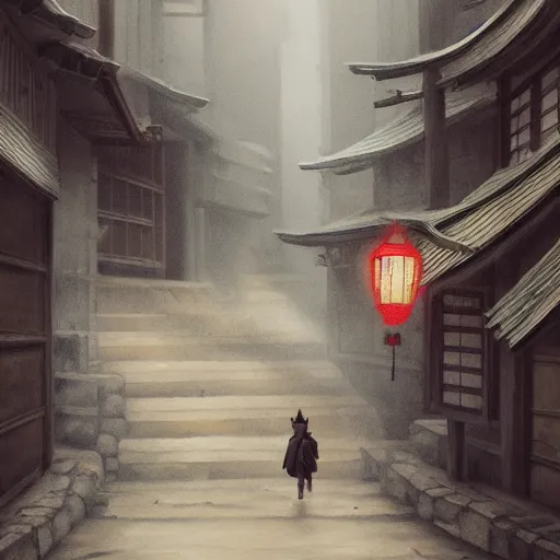 Prompt: nekomata walking by the streets of the medieval japan, Trending on Artstation, realistic, fantasy, concept art, dark colors, 8k