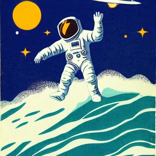 Prompt: astronaut surfing in space, stars as waves, Vintage Magazine Illustration