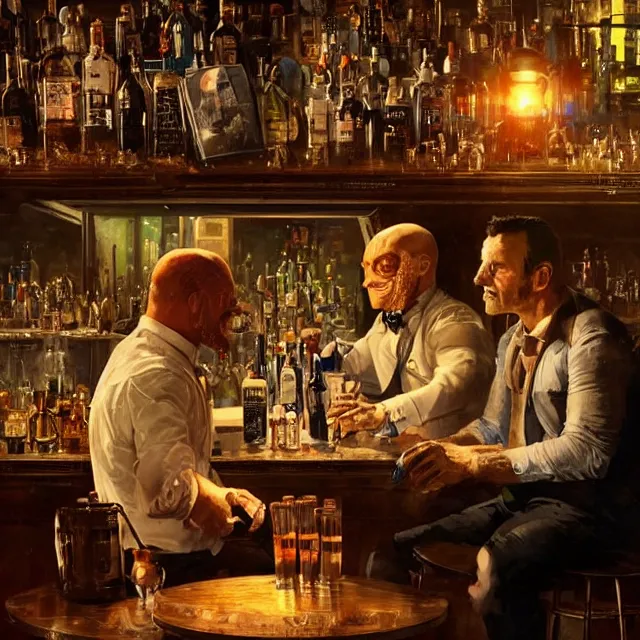 Prompt: two men sitting at a bar drinking whiskey being served by a robot bartender, near future, sci - fi concept art, by greg rutkowski and norman rockwell, highly detailed, intricate details, soft lighting, studio lighting