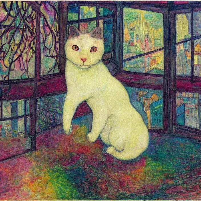 Image similar to dreamy fuzzy white cat sitting in a window, city with gothic cathedral. sun setting through the clouds, vivid iridescent psychedelic colors. munch, agnes pelton, egon schiele, henri de toulouse - lautrec, utamaro, matisse, monet