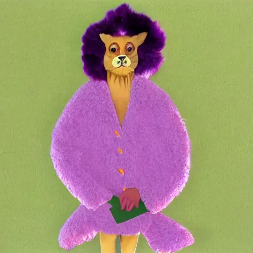 Image similar to a a farmer in a purple faux fur coat in very soft persian pink plush john deere with pluche