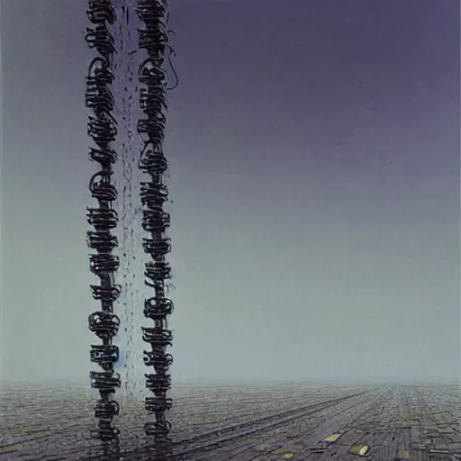 Prompt: A beautiful hyper realistic detailed painting of a chain of blocks, a cybernetic hybrid of 2 gigantic tall skyscaper sized quantum computers and a block calculator machine on a vast black granite tarmac, connected by gold and silver wire cables and chains, by Beksinski, beeple, unreal engine