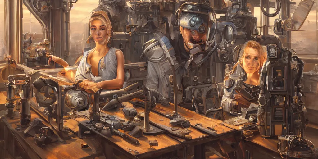 Image similar to highly detailed portrait painting of welder and angelina joile posing, mono eye window, workbench, symmetrical perfect eyes, by eddie mendoza and tyler edlin, 8 k resolution