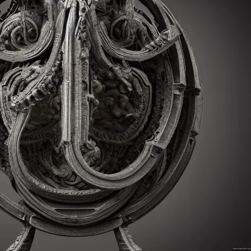 Image similar to an exotic heptapod in a jar , on stone pedestal, embryo bas-relief designed by Giger and Otomo, in a baroque museum exhibit, highly detailed, Art deco, intricate detail, atmospheric, post apocalyptic, desaturated, 8K matte, cinematic lighting, artstation, rendered in octane, dark cathedral environment highly detailed, by Emil Melmoth