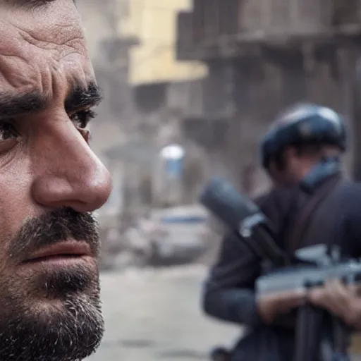 Image similar to close-up of a Kurdish detective in a movie directed by Christopher Nolan, movie still frame, promotional image, imax 70 mm footage