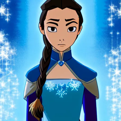 Prompt: A portrait of Katara of the Southern Water Tribe from Avatar the Last Airbender in the movie Frozen (2013), medium shot, mid-shot, hyperdetailed, 8k,