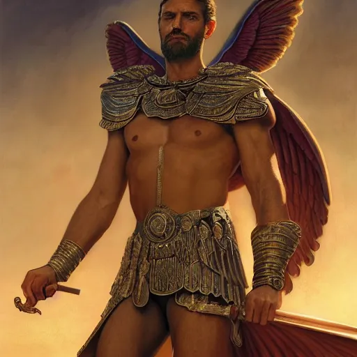 Prompt: Gladiator with Wings of knowledge, detailed, centered, digital painting, artstation, concept art, donato giancola, Joseph Christian Leyendecker, WLOP, Boris Vallejo, Breathtaking, 8k resolution, extremely detailed, beautiful, establishing shot, artistic, hyperrealistic, beautiful face, octane render, cinematic lighting, dramatic lighting, masterpiece