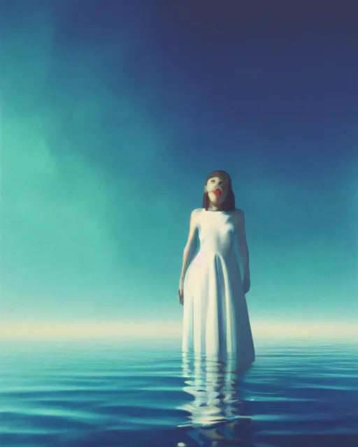 Image similar to a woman in a white dress standing in the water, an album cover by stanley twardowicz, trending on cg society, retrofuturism, retrowave, chillwave, synthwave