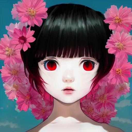 Image similar to little girl with flowers in hair wearing an white dress. black, red, white and pink color palette. art by ilya kuvshinov, profile picture, inspired in hirohiko araki, realistic, highly detailed, 8 0 s anime art style