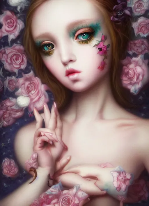 Image similar to pop surrealism, lowbrow art, realistic cute seductive feminine girl painting, japanese street fashion, hyper realism, muted colours, rococo, natalie shau, loreta lux, tom bagshaw, mark ryden, trevor brown style,