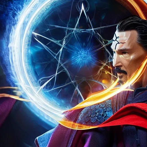 Image similar to dr. strange casting a shield spell in the metaverse, hyper realistic, highly detailed, perfect face, smooth, focus, movie still, cinematic