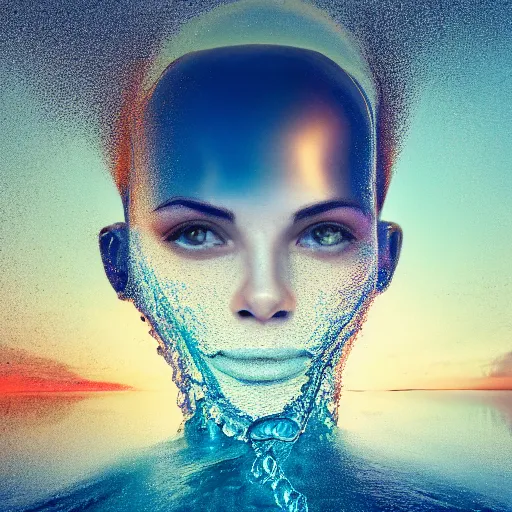 Image similar to water artwork manipulation in the shape of a human head, on the ocean water, futuristic, jelly, gradient, hyper realistic, ray tracing, realistic water, sharp focus, long shot, 8 k resolution, cinematic, photoshop water art