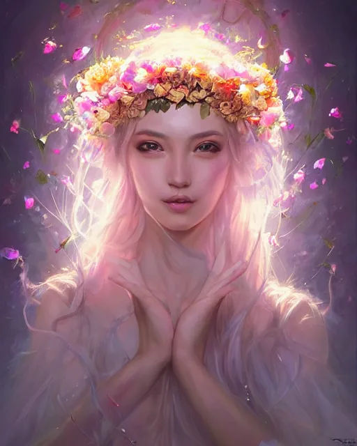 Prompt: portrait of a priestess adorning a flower crown, vortex of petals and light, by WLOP and artgerm and tony sart