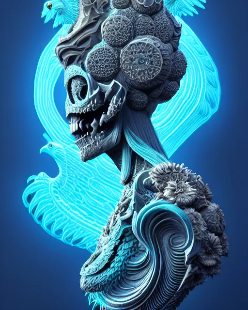 Image similar to 3 d ornate carved alice with profile portrait, sigma 5 0 0 mm f / 5. beautiful intricate highly detailed quetzalcoatl skull. bioluminescent, plasma, lava, ice, water, wind, creature, thunderstorm! artwork by tooth wu and wlop and beeple and greg rutkowski, 8 k trending on artstation
