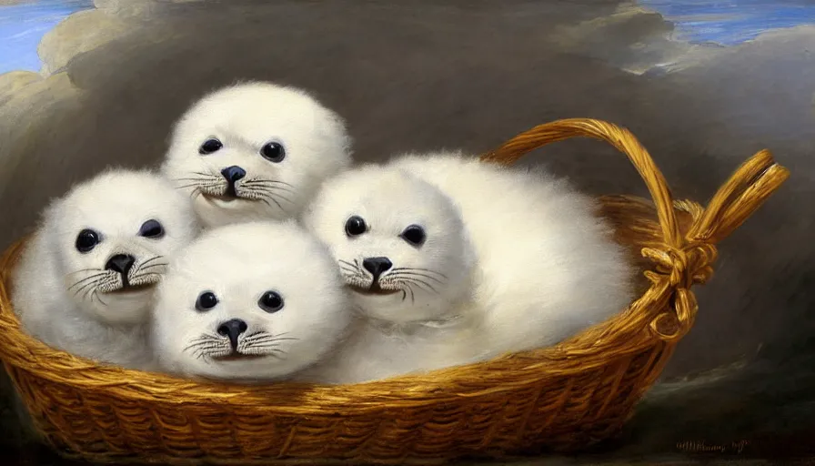 Image similar to highly detailed painting of cute furry white baby seals cuddled up in a basket by william turner, thick brush strokes and visible paint layers, 4 k resolution, blue and white colour scheme