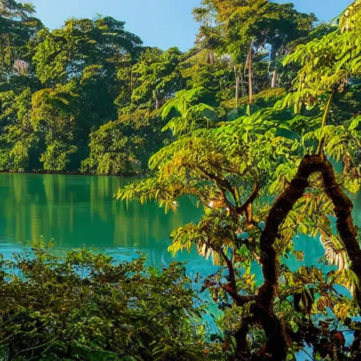 Prompt: A lake in the middle of a rainforest, vines hanging over the water, golden hour, vibrant, sunbeams, stunning lighting, in style of Makoto Shinkai