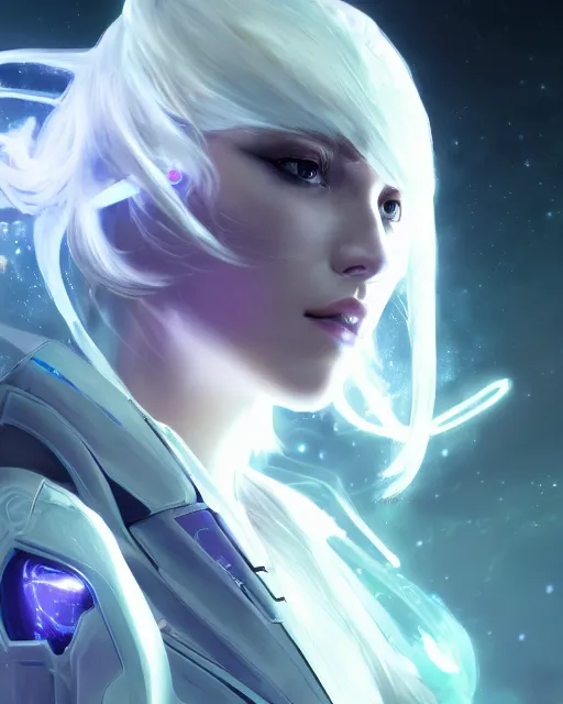 Image similar to perfect android girl on a mothership, warframe armor, beautiful face, scifi, futuristic, galaxy, nebula, raytracing, dreamy, long white hair, blue cyborg eyes, sharp focus, cinematic lighting, highly detailed, artstation, divine, by gauthier leblanc, kazuya takahashi, huifeng huang