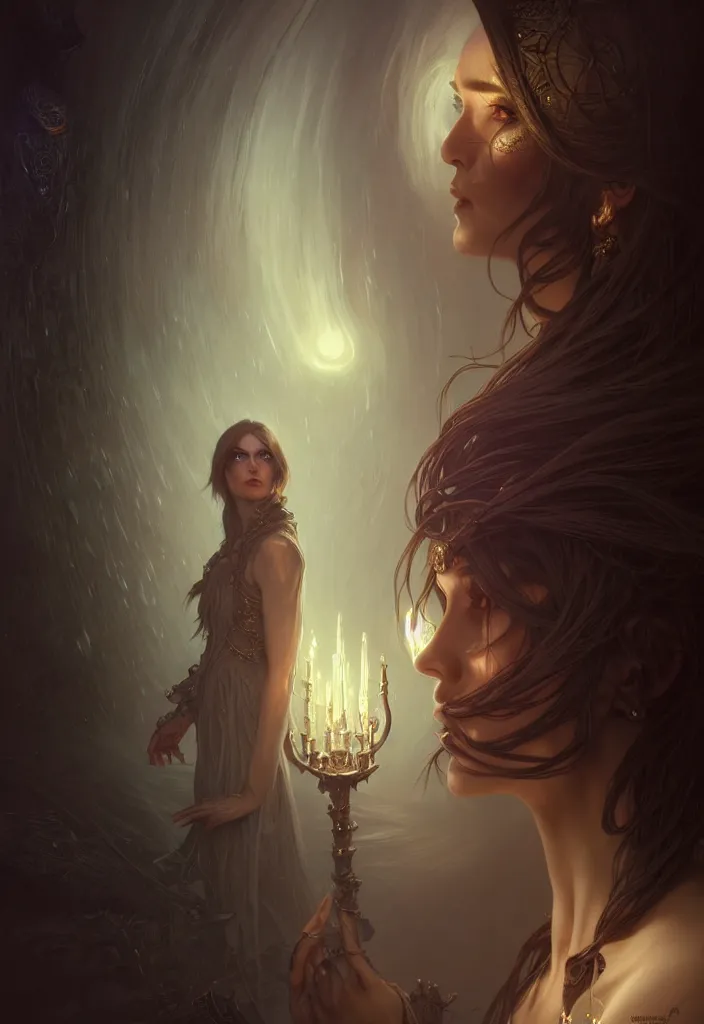 Image similar to Necromancer Sorceress filled background around face, fantasy magic, undercut hairstyle, dark light night, intricate, elegant, sharp focus, illustration, highly detailed, digital painting, concept art, matte, art by WLOP and Artgerm and Greg Rutkowski and Alphonse Mucha, masterpiece