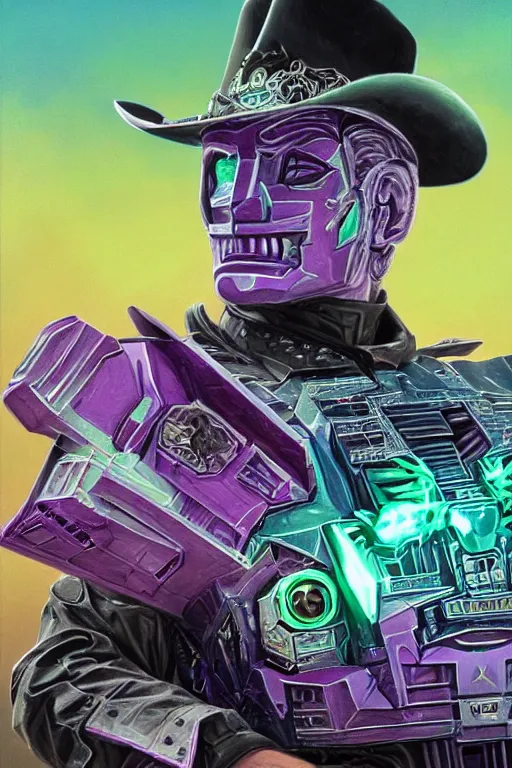 Image similar to portrait of cowboy johnny cash as purple green optimus prime from transformers riding on guitar zord ufo hoverboard, intricate, highly detailed, smooth, artstation, digital illustration by Lisa Frank and Ruan Jia and Mandy Jurgens and Artgerm and Wayne Barlowe and Greg Rutkowski and Zdislav Beksinski