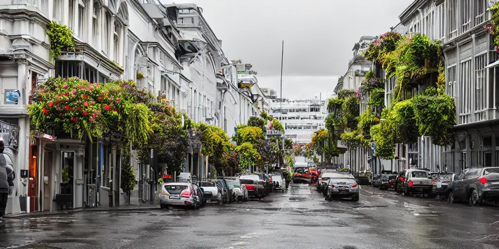 Image similar to a street in wellington new zealand where multiple buildings are covered in living walls made of endemic new zealand plant species. patrick blanc. people walking on street in raincoats. cars parked. windy rainy day. colonial houses