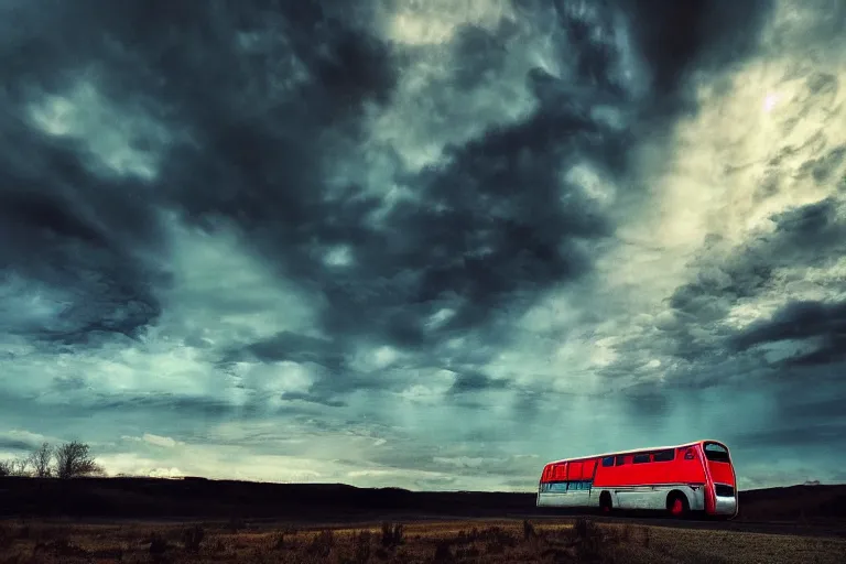 Prompt: A stunning landscape image of Hegra, bus ,dramatic lighting, emerald sky,