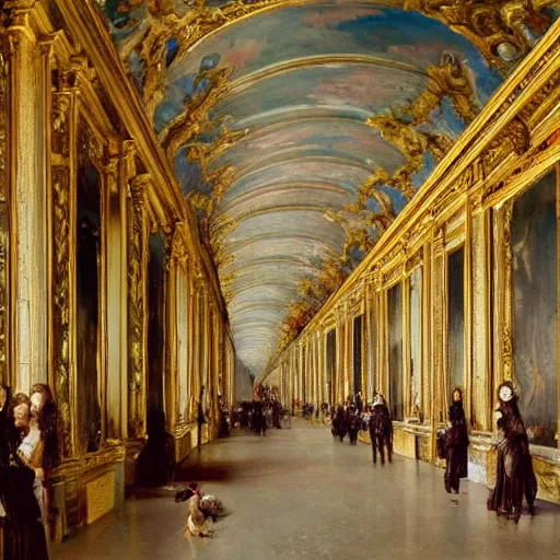 Image similar to fine art, oil on canvas. the interior of the palace of versailles in france. fine art in the walls and