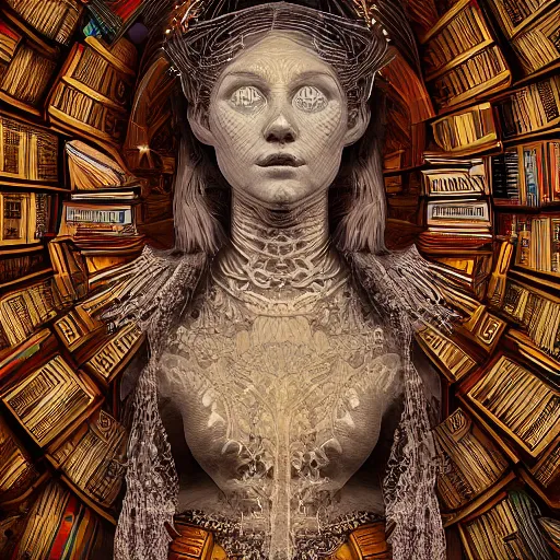 Image similar to 3 d goddess minerva, medium shot portrait. beautiful hyperrealistic intricate highly detailed and richly embroidered with esoteric symbols gown, surrounded by stacks of books bioluminescent, curious, plasma, 4 k surrealism