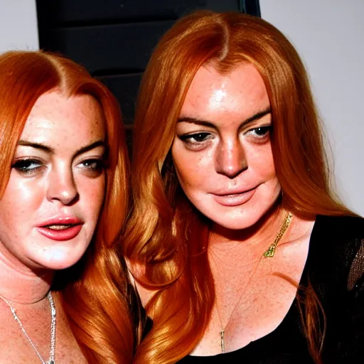 Image similar to Selfie photograph of Lindsay Lohan and Lindsay Lohan, golden hour, 8k,