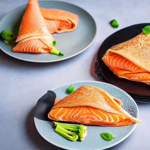 Image similar to fluffy crepes filled with freshly - caught salmon and fresh broccoli, 8 k resolution, food photography, studio lighting, sharp focus, hyper - detailed