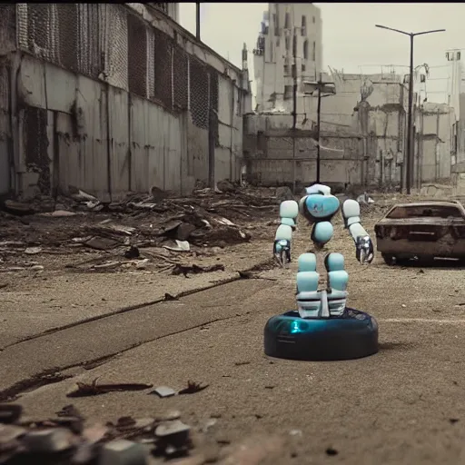 Image similar to small 2 fingered robot exploring abandoned city in the apocalypse, 4k cinematic shot, cute