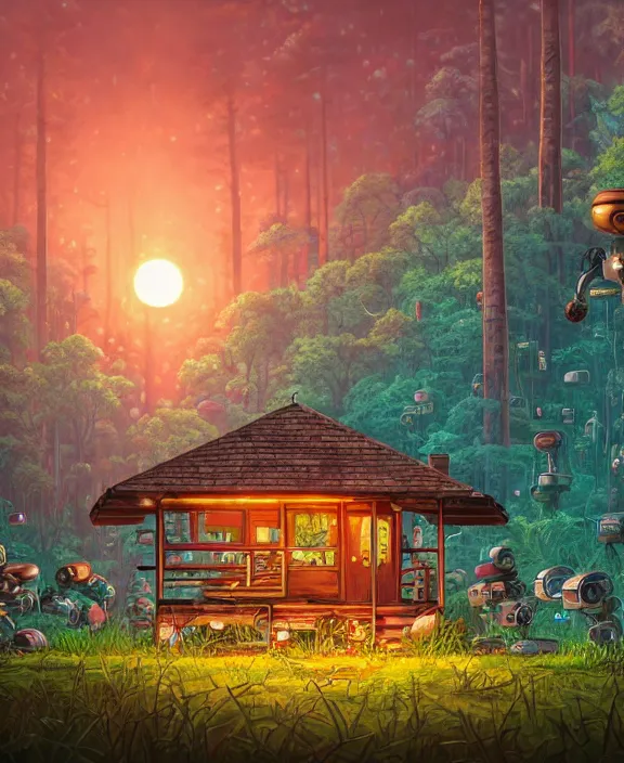 Prompt: a whimsical cabin made from robots, overgrown with huge exotic fungus, deep in the woods, cheerful, sunrise, by dan mumford, yusuke murata, makoto shinkai, ross tran, underwater, hellish, cinematic, unreal engine, cel shaded, featured on artstation, pixiv